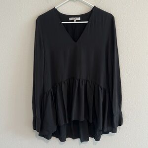Tibi 100% Silk High Low Hem Peplum Minimalist Black Top